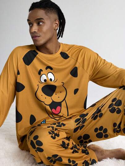 SCOOBY-DOO X SHEIN بدلة نوم رجالية كاجوال مطبوعة بالكلاب، ملابس علوية كم طويل وبنطلون، بيجامات كلاب للخريف والشتاء، بيجامات نسائية مطبوعة بالحيوانات والرسوم الكرتونية