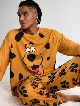 SCOOBY-DOO X SHEIN بدلة نوم رجالية كاجوال مطبوعة بالكلاب، ملابس علوية كم طويل وبنطلون، بيجامات كلاب للخريف والشتاء، بيجامات نسائية مطبوعة بالحيوانات والرسوم الكرتونية