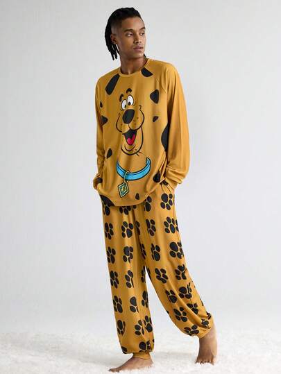 SCOOBY-DOO X SHEIN بدلة نوم رجالية كاجوال مطبوعة بالكلاب، ملابس علوية كم طويل وبنطلون، بيجامات كلاب للخريف والشتاء، بيجامات نسائية مطبوعة بالحيوانات والرسوم الكرتونية