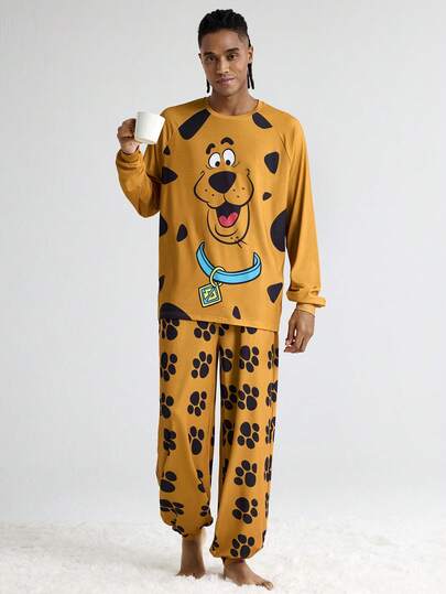SCOOBY-DOO X SHEIN بدلة نوم رجالية كاجوال مطبوعة بالكلاب، ملابس علوية كم طويل وبنطلون، بيجامات كلاب للخريف والشتاء، بيجامات نسائية مطبوعة بالحيوانات والرسوم الكرتونية