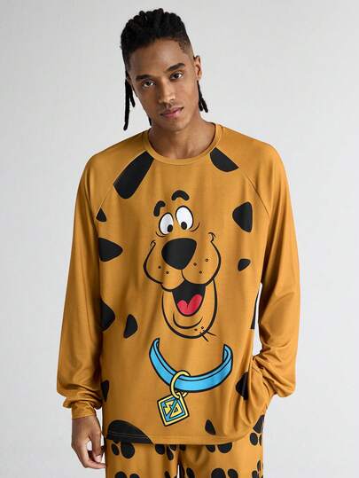 SCOOBY-DOO X SHEIN بدلة نوم رجالية كاجوال مطبوعة بالكلاب، ملابس علوية كم طويل وبنطلون، بيجامات كلاب للخريف والشتاء، بيجامات نسائية مطبوعة بالحيوانات والرسوم الكرتونية