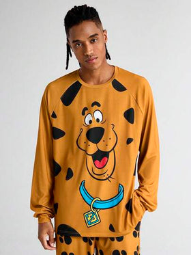 SCOOBY-DOO X SHEIN بدلة نوم رجالية كاجوال مطبوعة بالكلاب، ملابس علوية كم طويل وبنطلون، بيجامات كلاب للخريف والشتاء، بيجامات نسائية مطبوعة بالحيوانات والرسوم الكرتونية