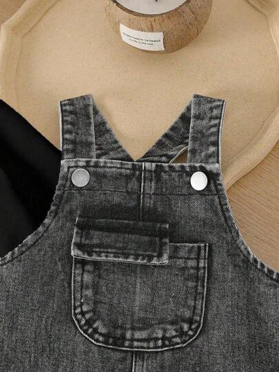 SHEIN طقم ملابس علوية ذات رقبة دائرية وبنطال كاجوال بيبي من قطعتين، لون أحادي