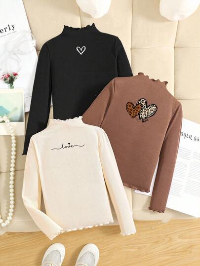 SHEIN مجموعة 3 قطع للفتيات المراهقات: تي شيرت رقبة مزيفة بخطوط مضلعة بلون واحد، تي شيرت بطبعة قلب وفهد