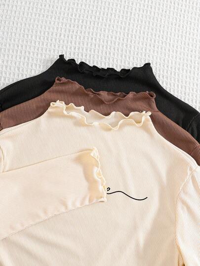 SHEIN مجموعة 3 قطع للفتيات المراهقات: تي شيرت رقبة مزيفة بخطوط مضلعة بلون واحد، تي شيرت بطبعة قلب وفهد