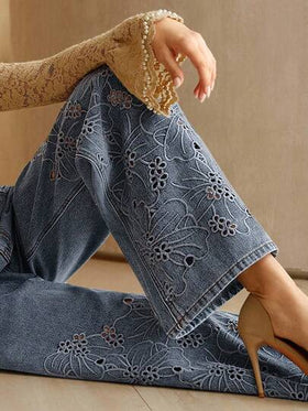 Anewsta Elaire سراويل جينز نسائية ذات خصر عالي مطرزة وواسعة الساق مع تفاصيل مفرغة، موضة للربيع وحفلات عيد الحب