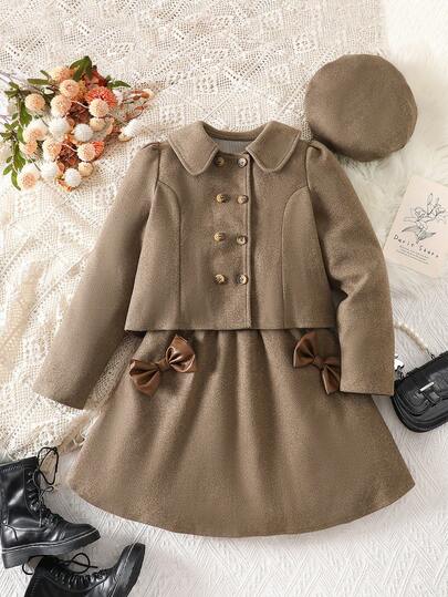 Elladie kids طقم أنيق للبنات: معطف ذو صدر مزدوج وذيل مفرود مع زخرفة فيونكة + قبعة بيريه، شتوي، قطعتان