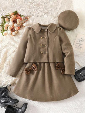 Elladie kids طقم أنيق للبنات: معطف ذو صدر مزدوج وذيل مفرود مع زخرفة فيونكة + قبعة بيريه، شتوي، قطعتان