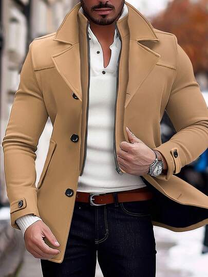 Manfinity Homme معطف رجالي كاجوال أنيق أحادي الصدر بياقة صدر، أكمام طويلة، لون سادة، مناسب للخريف والشتاء، هدية للصديق/الزوج، هدية عيد ميلاد، هدية عيد الميلاد، مناسب للأنشطة اليومية والرحلات والأنشطة الخارجية والبيئات العمل المريحة أو المناسبات شبه الرسمي