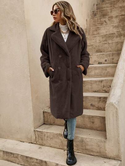 SHEIN Frenchy معطف تيدي ذو صدر مزدوج بأكمام منسدلة للخريف/الشتاء