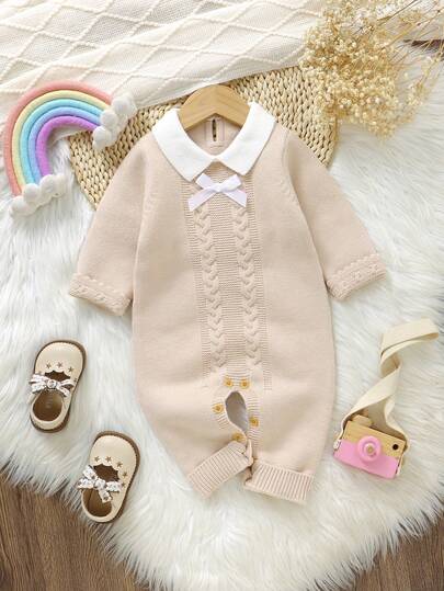 بدلة رومبر بياقة بيتر بان وأكمام طويلة مع زخرفة فيونكة، تصميم أنيق بسيط للمواليد الجدد