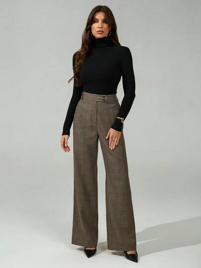 SHEIN Tall بنطلون نسائي ذو خصر عالي بنمط هاوندزتوث مستقيم فضفاض للاستخدام اليومي، للأعمال، الرجعية، الحفلات، الرحلات، المال القديم، الغرام الساحر، حفلات التخرج، الحفلات الراقصة، عيد الحب، رحلات البحر، التنقل، متعدد الطبقات، ليلة المواعدة، التجمعات، البساط