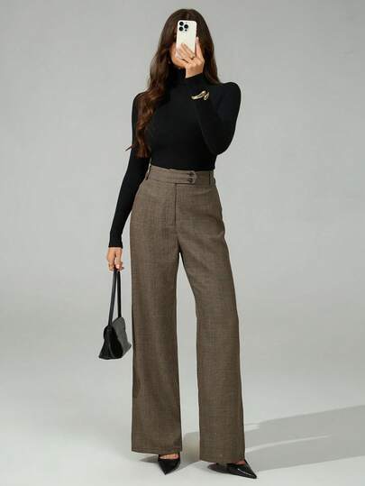 SHEIN Tall بنطلون نسائي ذو خصر عالي بنمط هاوندزتوث مستقيم فضفاض للاستخدام اليومي، للأعمال، الرجعية، الحفلات، الرحلات، المال القديم، الغرام الساحر، حفلات التخرج، الحفلات الراقصة، عيد الحب، رحلات البحر، التنقل، متعدد الطبقات، ليلة المواعدة، التجمعات، البساط