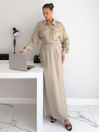 Siren Gaze طقم كاجوال مكون من قميص أكمام طويلة بجيب وتصميم أحادي الصدر مع تنورة متوسطة الطول، مصنوع من قماش أحادي اللون للنساء