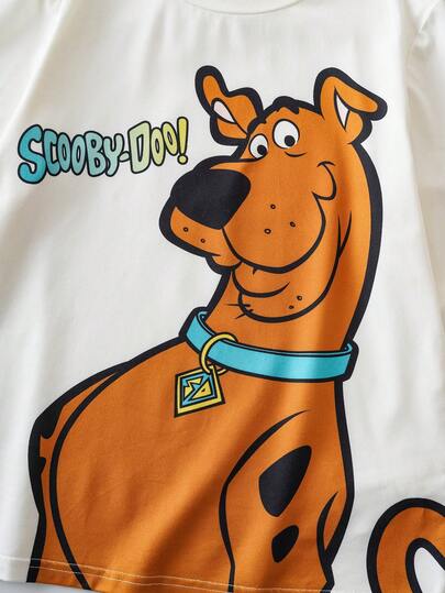 SCOOBY-DOO X SHEIN طقم بيجامة للأولاد المراهقين مكون من ملابس علوية كم طويل بياقة طاقم مطبوع عليها رسوم كرتونية للكلاب وبنطلون مطبوع بنقشة المربعات