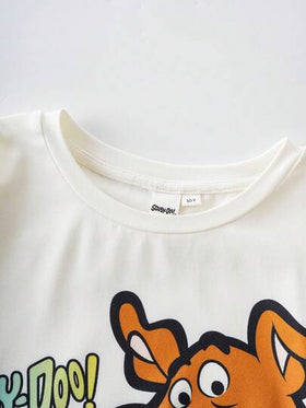SCOOBY-DOO X SHEIN طقم بيجامة للأولاد المراهقين مكون من ملابس علوية كم طويل بياقة طاقم مطبوع عليها رسوم كرتونية للكلاب وبنطلون مطبوع بنقشة المربعات