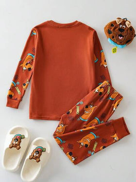 SCOOBY-DOO X SHEIN مجموعة بيجاما كاجوال مرنة تتكون من ملابس علوية كم طويل بطبعة كرتونية لصبي وسروال ضيق، 2 قطعة