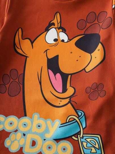 SCOOBY-DOO X SHEIN مجموعة بيجاما كاجوال مرنة تتكون من ملابس علوية كم طويل بطبعة كرتونية لصبي وسروال ضيق، 2 قطعة