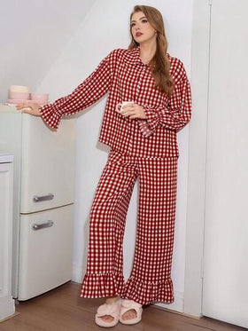 SweetSlumber بيجامة نسائية مطبوعة بنمط المربعات مع أزرار على شكل قلب وأكمام واسعة وياقة بيتر بان، ملابس شتوية لعيد الحب