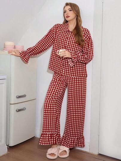 SweetSlumber بيجامة نسائية مطبوعة بنمط المربعات مع أزرار على شكل قلب وأكمام واسعة وياقة بيتر بان، ملابس شتوية لعيد الحب