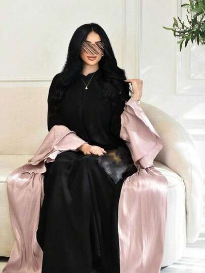 عباءة سوداء للمرأة المسلمة - قماش حريري شبيه بالحرير مع تصميم تدرج رمادي للملابس المتواضعة