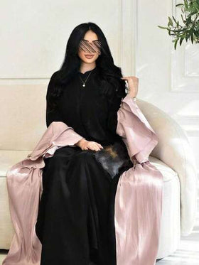 عباءة سوداء للمرأة المسلمة - قماش حريري شبيه بالحرير مع تصميم تدرج رمادي للملابس المتواضعة