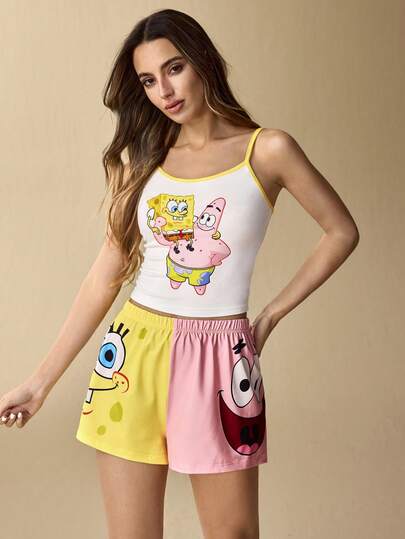 SpongeBob SquarePants | SHEIN طقم بيجامة صيفي للنساء يتكون من ملابس علوية كامي مطبوع برسوم كرتونية جميلة وشورت