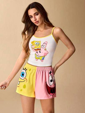 SpongeBob SquarePants | SHEIN طقم بيجامة صيفي للنساء يتكون من ملابس علوية كامي مطبوع برسوم كرتونية جميلة وشورت
