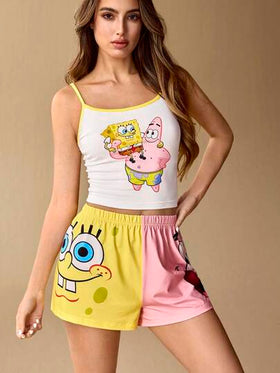 SpongeBob SquarePants | SHEIN طقم بيجامة صيفي للنساء يتكون من ملابس علوية كامي مطبوع برسوم كرتونية جميلة وشورت