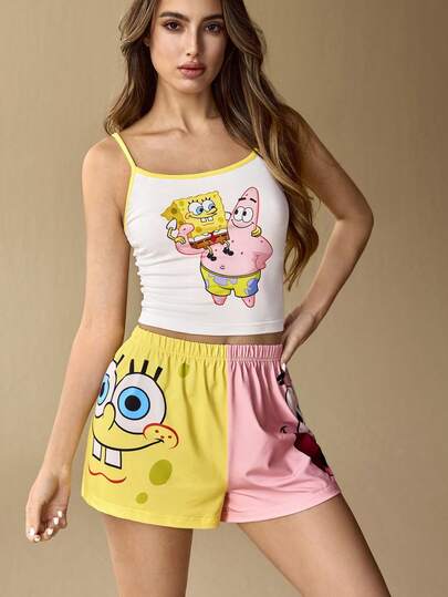 SpongeBob SquarePants | SHEIN طقم بيجامة صيفي للنساء يتكون من ملابس علوية كامي مطبوع برسوم كرتونية جميلة وشورت