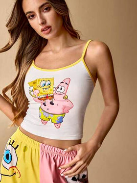 SpongeBob SquarePants | SHEIN طقم بيجامة صيفي للنساء يتكون من ملابس علوية كامي مطبوع برسوم كرتونية جميلة وشورت