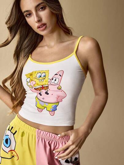 SpongeBob SquarePants | SHEIN طقم بيجامة صيفي للنساء يتكون من ملابس علوية كامي مطبوع برسوم كرتونية جميلة وشورت