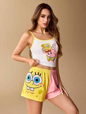 SpongeBob SquarePants | SHEIN طقم بيجامة صيفي للنساء يتكون من ملابس علوية كامي مطبوع برسوم كرتونية جميلة وشورت