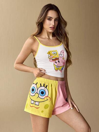 SpongeBob SquarePants | SHEIN طقم بيجامة صيفي للنساء يتكون من ملابس علوية كامي مطبوع برسوم كرتونية جميلة وشورت
