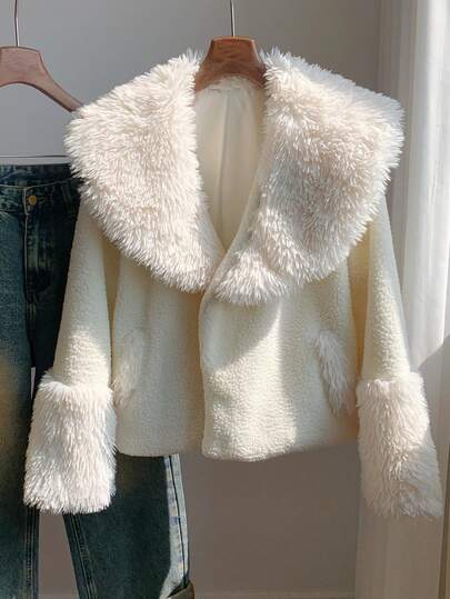 SHEIN EZwear معطف أبيض فضفاض طويل الأكمام نسائي، خريف/شتاء