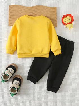Cozy Pixies طقم بنطلون وبلوزة طويلة الأكمام بطبعات حيوانات كرتونية ناعمة للأطفال الصبيان، بياقة طاقم وخصر مطاطي