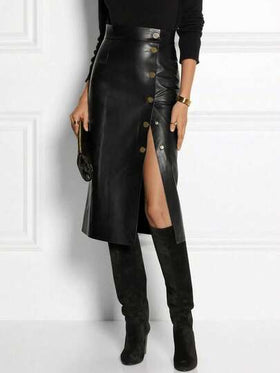 تنورة جلد PU أنيقة وعصرية ذات شق أحادي الصدر، تنورة ضيقة للنساء، موسم الخريف/الشتاء، أنيقة، مناسبة، خصر مرتفع، مخصرة، خصر مطاطي، تنورة PU متوسطة الطول بخط A جذاب