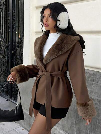 SHEIN EZwear معطف أنيق وأنيق من خليط الصوف والفرو الجمل للنساء في فصل الشتاء، مناسب للخروج في الخريف والشتاء، العودة إلى المدرسة والملابس الشارعية