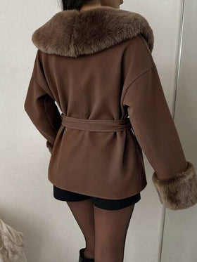 SHEIN EZwear معطف أنيق وأنيق من خليط الصوف والفرو الجمل للنساء في فصل الشتاء، مناسب للخروج في الخريف والشتاء، العودة إلى المدرسة والملابس الشارعية