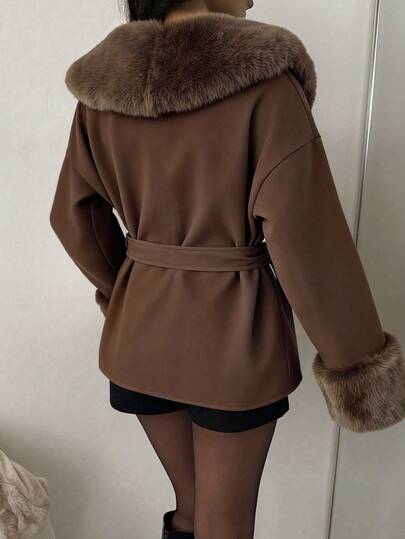 SHEIN EZwear معطف أنيق وأنيق من خليط الصوف والفرو الجمل للنساء في فصل الشتاء، مناسب للخروج في الخريف والشتاء، العودة إلى المدرسة والملابس الشارعية