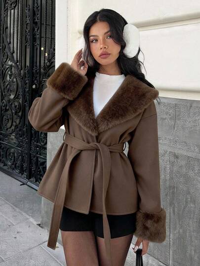 SHEIN EZwear معطف أنيق وأنيق من خليط الصوف والفرو الجمل للنساء في فصل الشتاء، مناسب للخروج في الخريف والشتاء، العودة إلى المدرسة والملابس الشارعية