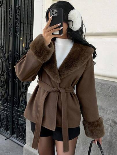SHEIN EZwear معطف أنيق وأنيق من خليط الصوف والفرو الجمل للنساء في فصل الشتاء، مناسب للخروج في الخريف والشتاء، العودة إلى المدرسة والملابس الشارعية