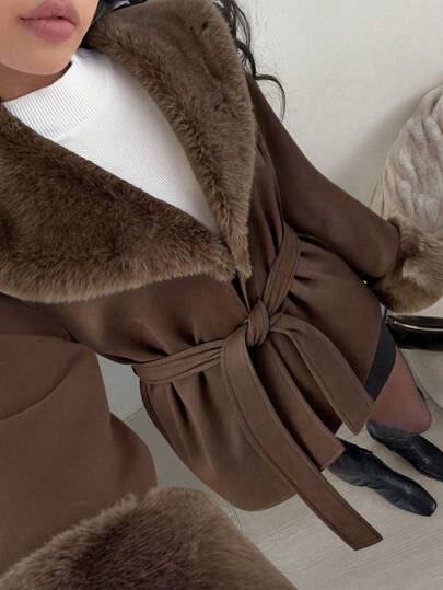 SHEIN EZwear معطف أنيق وأنيق من خليط الصوف والفرو الجمل للنساء في فصل الشتاء، مناسب للخروج في الخريف والشتاء، العودة إلى المدرسة والملابس الشارعية