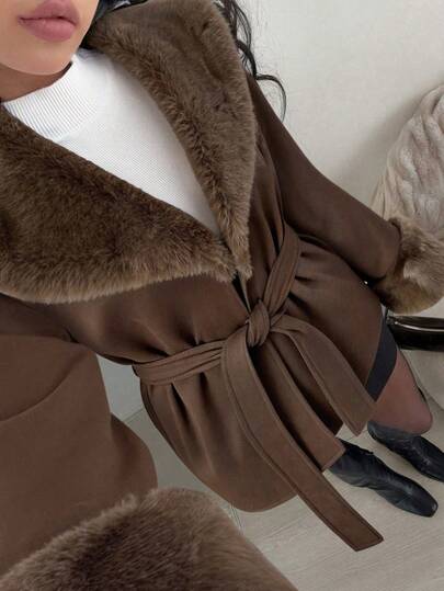 SHEIN EZwear معطف أنيق وأنيق من خليط الصوف والفرو الجمل للنساء في فصل الشتاء، مناسب للخروج في الخريف والشتاء، العودة إلى المدرسة والملابس الشارعية