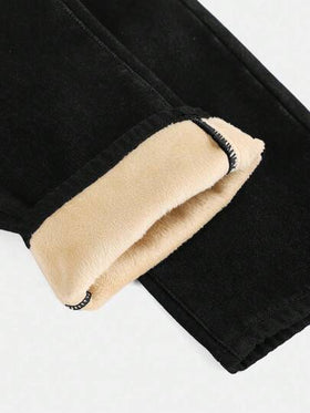 SHEIN بنطلون جينز واسع ذو خصر عالٍ مغسول بشكل عادي للفتيات الصغيرات، مبطن بالحرارة للخريف والشتاء، مع جيوب، مناسب للعودة إلى المدرسة وحفلات العودة، بنطلون واسع الساق بتصميم فلير عتيق دافئ، مناسب للفتيات في سن 12 عامًا