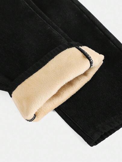SHEIN بنطلون جينز واسع ذو خصر عالٍ مغسول بشكل عادي للفتيات الصغيرات، مبطن بالحرارة للخريف والشتاء، مع جيوب، مناسب للعودة إلى المدرسة وحفلات العودة، بنطلون واسع الساق بتصميم فلير عتيق دافئ، مناسب للفتيات في سن 12 عامًا