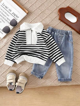 SHEIN مجموعة بنطلون جينز وجاكيت أزرار طويل الأكمام مخطط للأطفال الرضع الجنسين 0-3 سنوات، طراز كاجوال عصري، متعدد الاستخدامات، مناسب للخروجات والارتداء اليومي وحفلات العائلة وجلسات التصوير، بلون أسود وأبيض