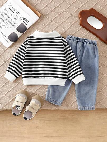 SHEIN مجموعة بنطلون جينز وجاكيت أزرار طويل الأكمام مخطط للأطفال الرضع الجنسين 0-3 سنوات، طراز كاجوال عصري، متعدد الاستخدامات، مناسب للخروجات والارتداء اليومي وحفلات العائلة وجلسات التصوير، بلون أسود وأبيض