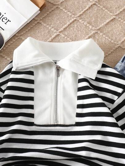 SHEIN مجموعة بنطلون جينز وجاكيت أزرار طويل الأكمام مخطط للأطفال الرضع الجنسين 0-3 سنوات، طراز كاجوال عصري، متعدد الاستخدامات، مناسب للخروجات والارتداء اليومي وحفلات العائلة وجلسات التصوير، بلون أسود وأبيض