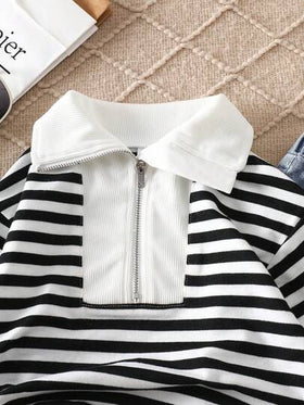 SHEIN مجموعة بنطلون جينز وجاكيت أزرار طويل الأكمام مخطط للأطفال الرضع الجنسين 0-3 سنوات، طراز كاجوال عصري، متعدد الاستخدامات، مناسب للخروجات والارتداء اليومي وحفلات العائلة وجلسات التصوير، بلون أسود وأبيض